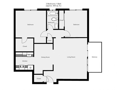 Floor plan for 2 beds, 1 bath, 950 sqft